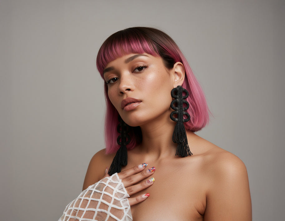 Nohuichana Fringe Statement Earrings, Indigo Dyed Cotton, Art Jewelry