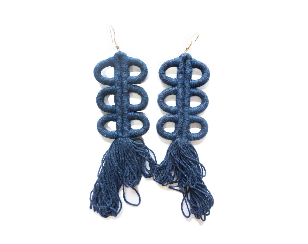 Nohuichana Fringe Statement Earrings, Indigo Dyed Cotton, Art Jewelry