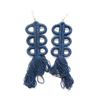 Nohuichana Fringe Statement Earrings, Indigo Dyed Cotton, Art Jewelry
