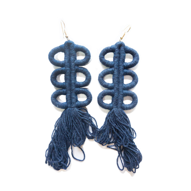 Nohuichana Fringe Statement Earrings, Indigo Dyed Cotton, Art Jewelry