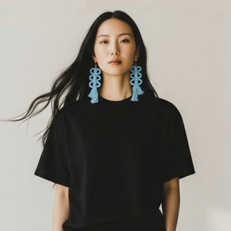 Nohuichana Fringe Statement Earrings, Indigo Dyed Cotton, Art Jewelry