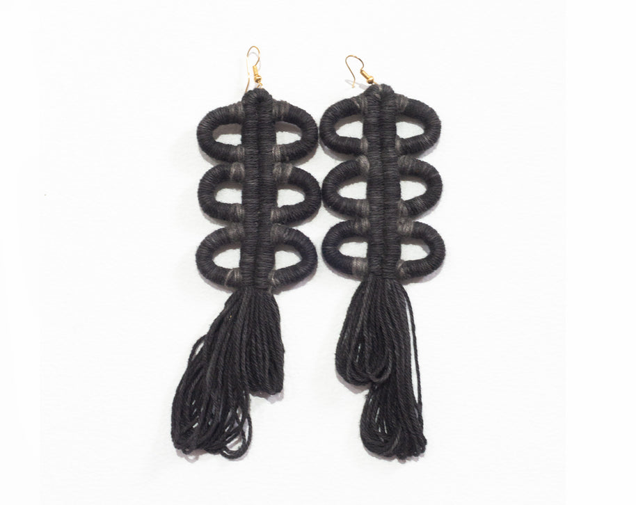 Nohuichana Fringe Statement Earrings, Indigo Dyed Cotton, Art Jewelry