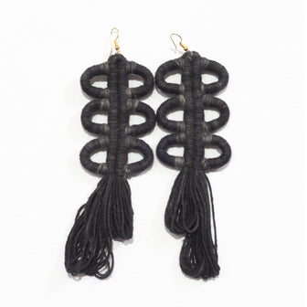 Nohuichana Fringe Statement Earrings, Indigo Dyed Cotton, Art Jewelry