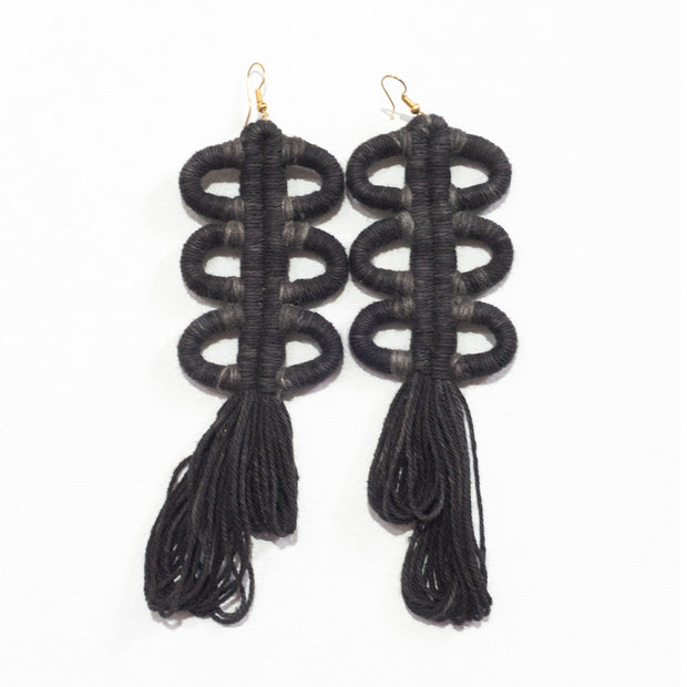 Nohuichana Fringe Statement Earrings, Indigo Dyed Cotton, Art Jewelry
