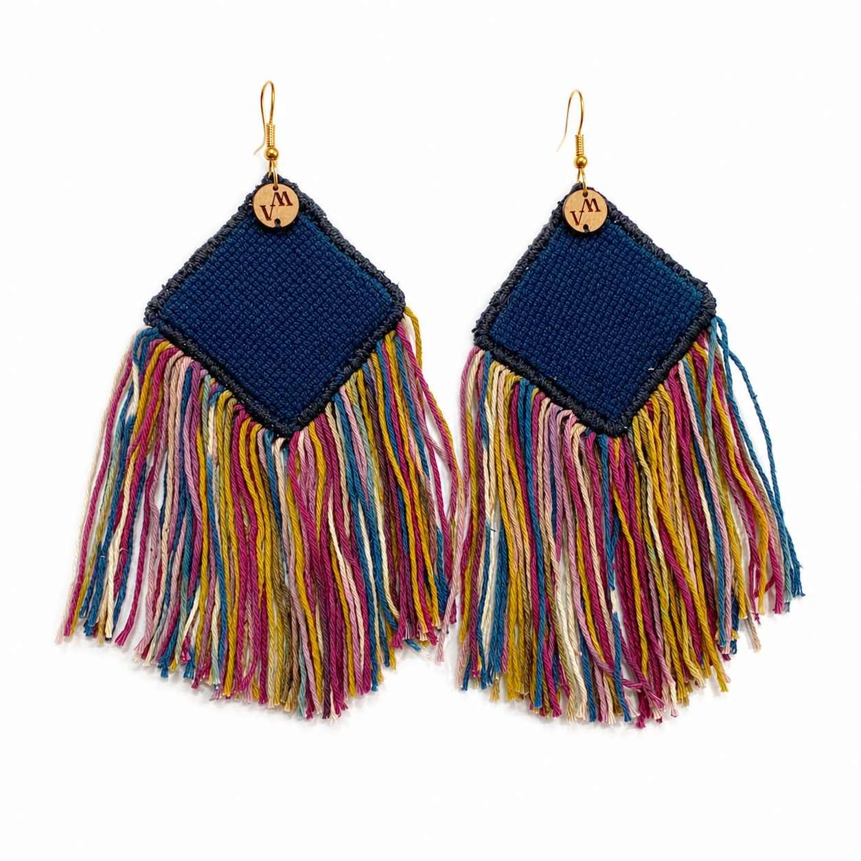 Aretes rombo azul fleco multicolor, Teñido natural, Joyería textil