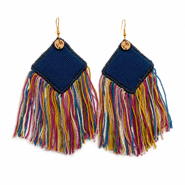 Aretes rombo azul fleco multicolor, Teñido natural, Joyería textil