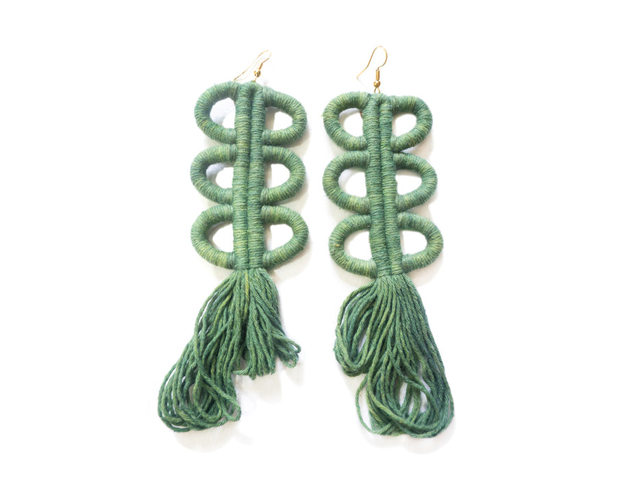 Nohuichana Fringe Statement Earrings, Indigo Dyed Cotton, Art Jewelry