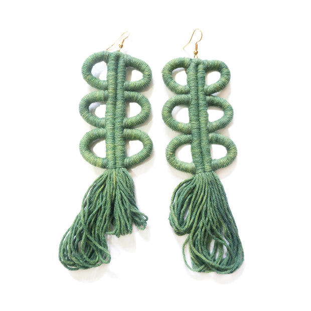 NOHUICHANA Fringe Statement Earrings, Indigo Dyed Cotton, Art Jewelry